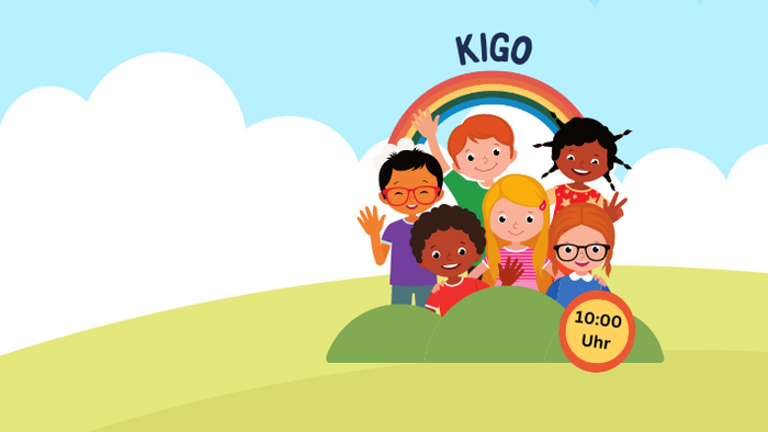 Ein buntes Kinderbuchcover mit einem Regenbogen und fröhlichen Kindern unter einem KIGO-Schild
