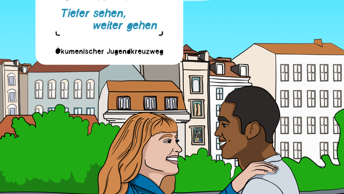 Illustrierte Szene, die ein tieferes Verständnis und Fortschritt fördert – mit zwei lächelnden Menschen, die sich im Freien umarmen.