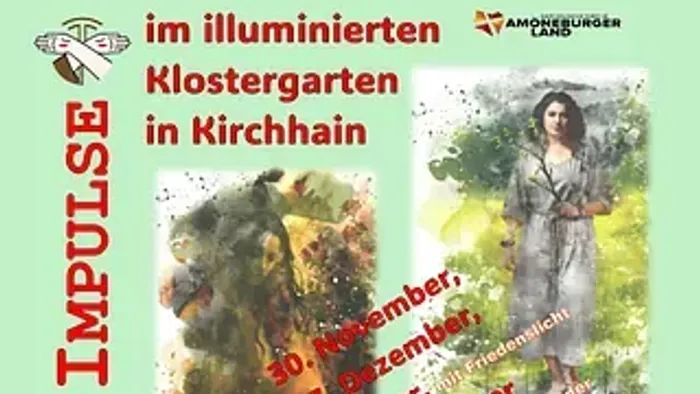 Plakat für eine Kunstveranstaltung mit beleuchteten Blumengärten in Kirchhain, bei der verschiedene Gemälde präsentiert werden.