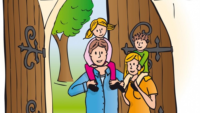 Ehepaar mit Kinder auf den Schultern vor Eingangsportal KIrche, in Comicstil
