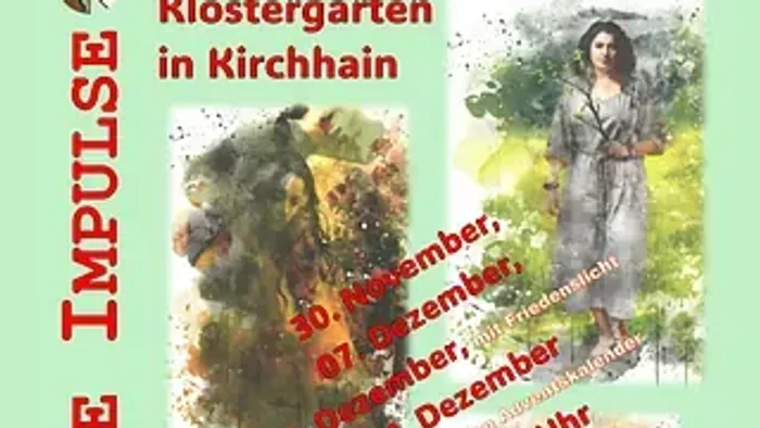 Plakat für eine Kunstveranstaltung mit beleuchteten Blumengärten in Kirchhain, bei der verschiedene Gemälde präsentiert werden.