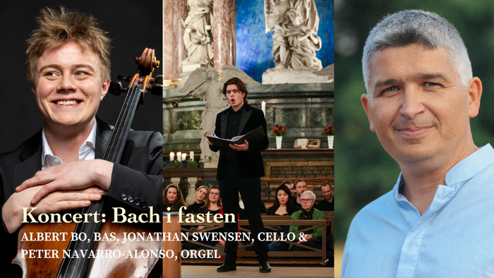Reklameplakat for en Bach-koncert med cello og orgel med musikerne Albert Bo, Jonathan Swensen og Peter Navarro-Alonso.