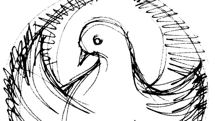 Ein stilisierter Vogel in einem Kreis mit gefiederten Details