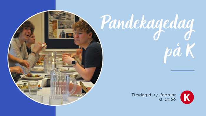 Reklameplakat for pandekageaften på sted K den 17. februar kl. 19.00.