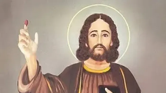 Religiöse Darstellung von Jesus Christus, der ein Kreuz hält, mit einem Heiligenschein und einem wallenden Gewand.