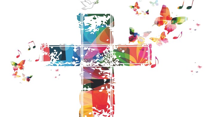 Buntes Kreuz mit Schmetterlingen und Noten auf weißem Hintergrund