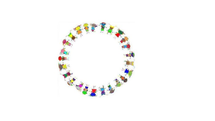 Ein Kreis aus bunten, kleinen Figuren in verschiedenen Farben und Posen