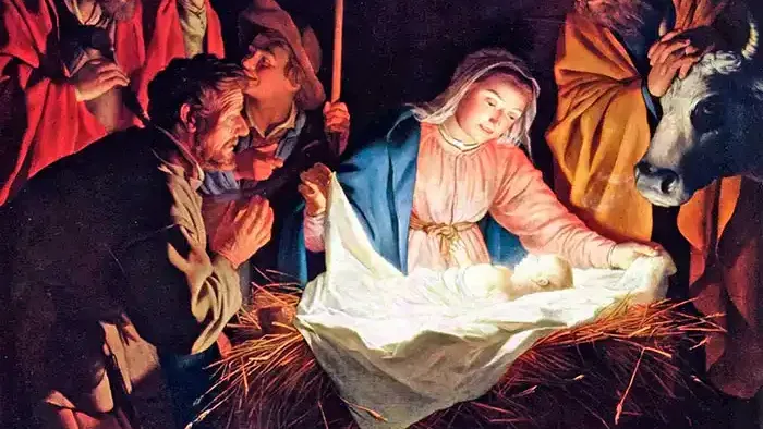 Die Darstellung der Heiligen Nacht mit Maria, Josef und dem neugeborenen Jesus in einer Krippe.