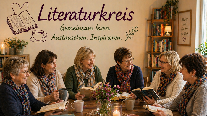 Eine gemütliche Gruppe von Frauen versammelte sich um einen Tisch, las gemeinsam Bücher und diskutierte in einer warmen Buchclub-Atmosphäre.