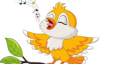 En gul og hvid fugl synger på gren med blad.