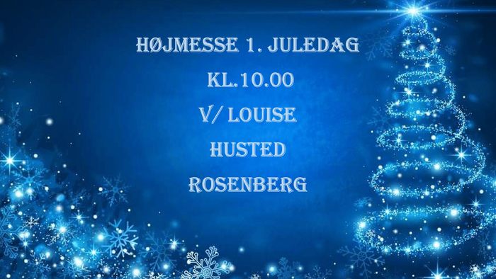 Blå juletræ med hvide snefnug og tekst på dansk