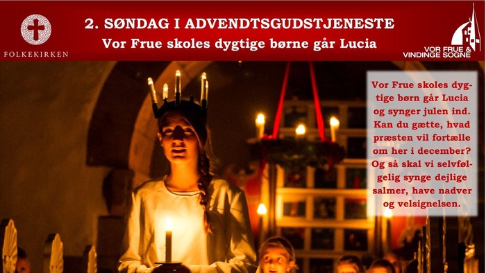 Plakat til en julearrangement i en kirke, der viser en kvinde med en krans af lys.