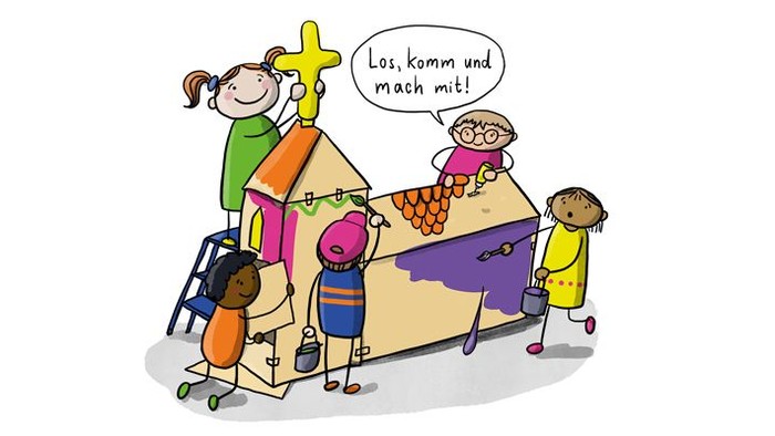 Fünf bunt gekleidete Kinder bemalen und dekorieren eine Mini-Kirche