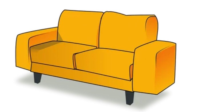 Ein leuchtend gelbes Sofa mit zwei Sitzen und schwarzen Beinen.