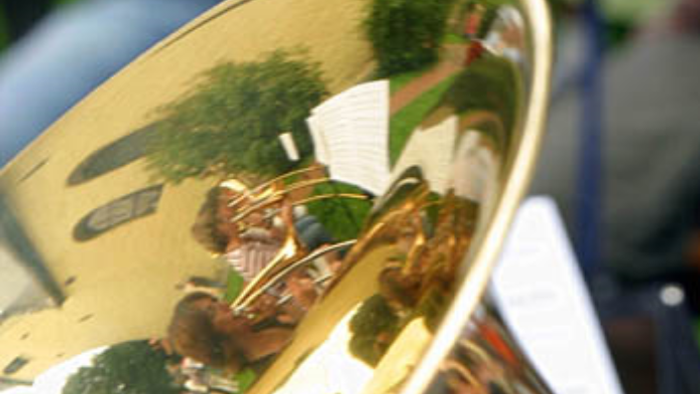 Ein goldfarbener Gegenstand spiegelt Bäume und Menschen wider