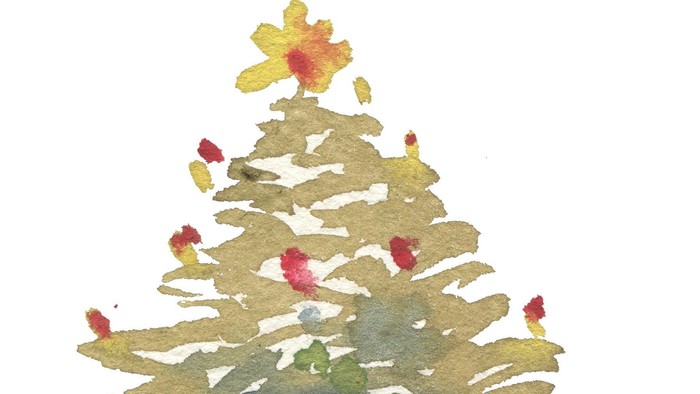 Akvarel af et juletræ.