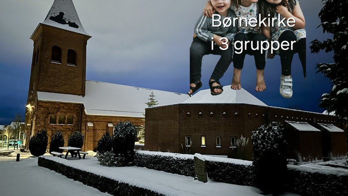 En snedækket kirkegårdsscene med tre børn på taget, mærket *