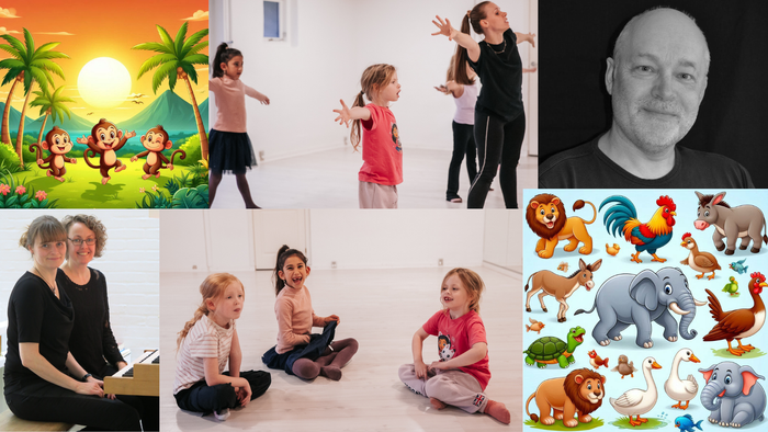 Billedet viser børn i dansetrænning, børn med voksne, og animationsdyr.