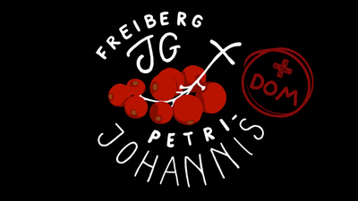 Das Bild zeigt ein Logo mit dem Namen "Freiberg JG Petri's Johannis" und einem roten Emblem mit der Aufschrift "DOM".