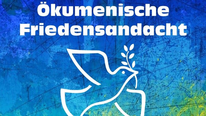 Das Bild zeigt einen Friedenstaube mit einem Olivenzweig vor einem blauen Hintergrund mit Text in Weiß.