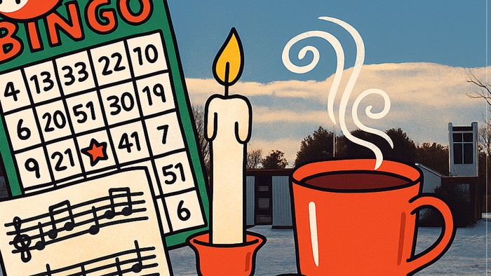 Bingoplade, stearinlys, kaffekop og nodeark i vinterlig ramme.