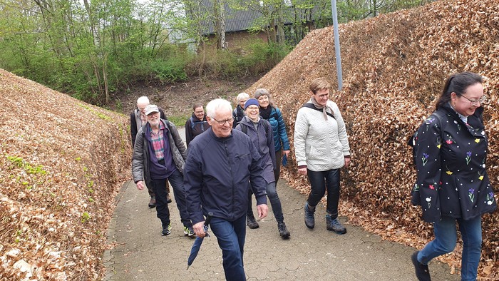 En gruppe mennesker går i en park med faldne løv.