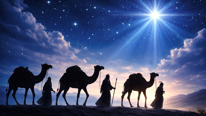 Rejsende med kameler tegner sig som silhuetter under en strålende stjernefyldt nattehimmel.