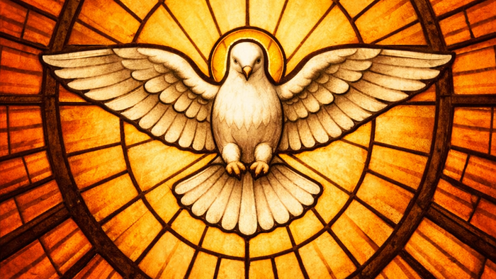 Farvet glasafbildning af en due omgivet af en strålende gylden glorie, der symboliserer Helligånden.