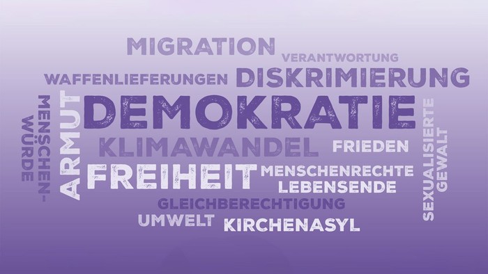 Grafische Wortwolke mit vielen politischen Begriffen, z.B. Demokratie, Freiheit, Diskriminierung, Armut, Gleichberechtigung, Kirchenasyl, ...