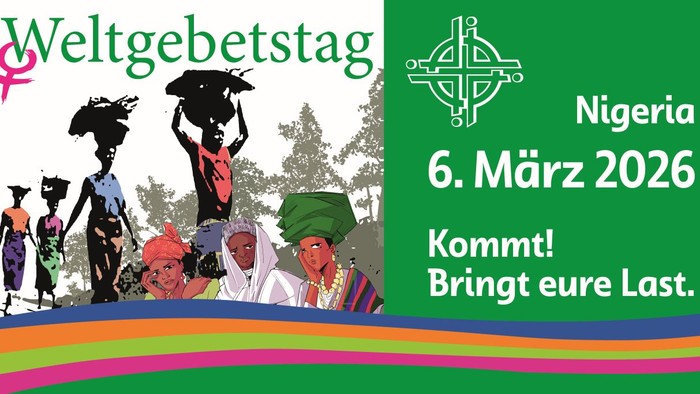Plakat zum Weltgebetstag für Nigeria am 6. März 2026 – mit der Einladung, die eigenen Lasten zu tragen und teilzunehmen.
