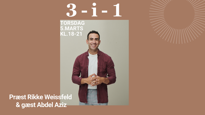 Plakat til arrangement med præst Rikke Weissfeld og gæst Abdel Aziz, der taler torsdag den 5. marts kl. 18-21.