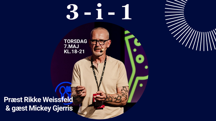 Plakat for arrangement med præst Rikke Weissfeld og gæst Mickey Gjerris, der taler den 7. maj kl. 18-21.
