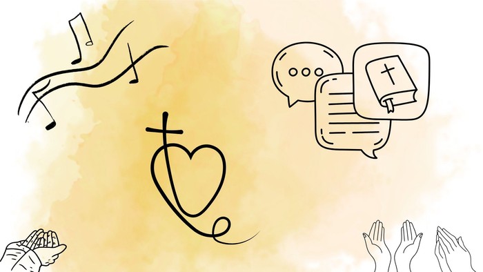Das Bild zeigt christliche Symbole wie ein Herz mit Kreuz, Musiknoten, Sprechblasen mit Bibel und betende Hände