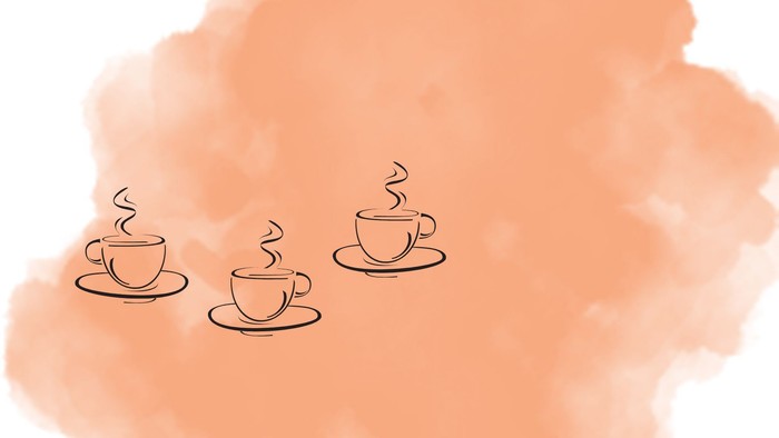 Drei Teetassen mit Dampf vor einem orangefarbenen Hintergrund