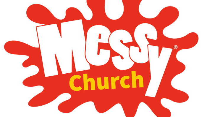 The logo features bold, playful text 'Messy Church' with a red, splattered background.