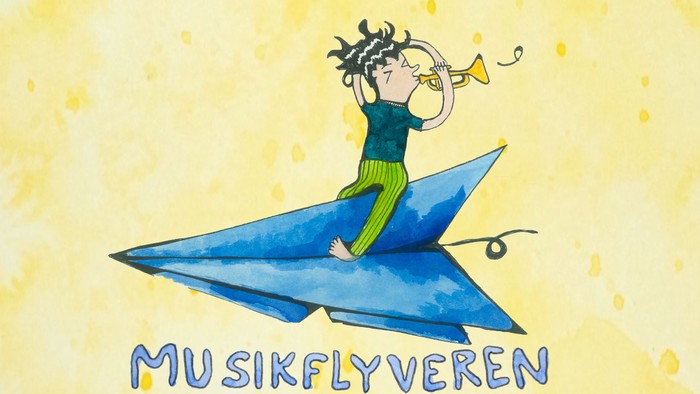 En fantasiful karakter spiller på en trompet, mens han flyver på et blåt papirfly med påskriften