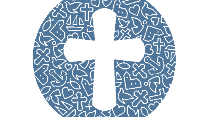 Et blå krets med en sort korsformet udskæring og små symboler.