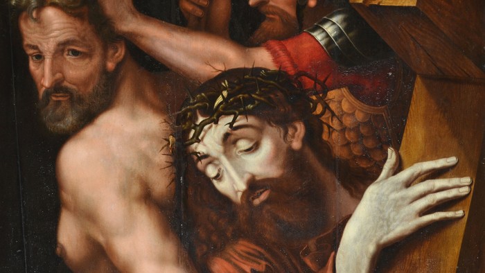 Das Bild zeigt eine religiöse Szene mit zwei Männern und einem Gekreuzigten.