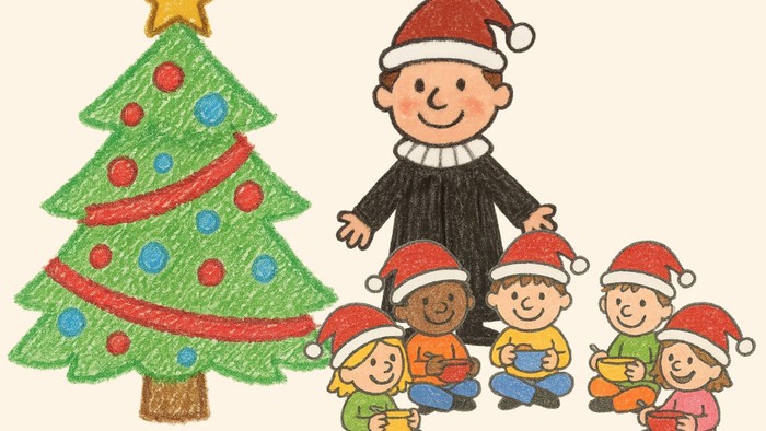 Børn med julesnude synger rundt om en juletræ.