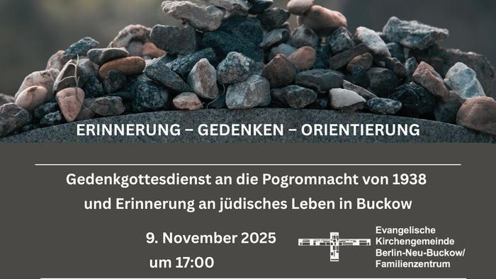 Gestapelte Steine vor einem unscharfen Hintergrund. Darunter sind die Informationen vom Gedenkgottesdienst an die Pogromnacht von 1938 enthalten. Diese Informationen sind im Kalendereintrag enthalten.