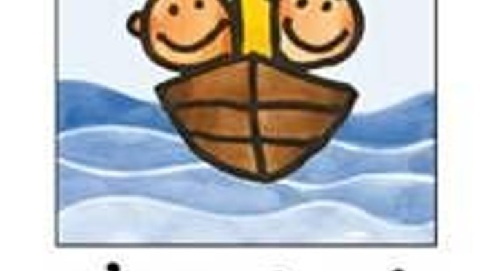 Zwei Kinder in einem Boot mit einem Kreuz darüber, Text darunter: 