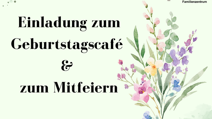 Aquarellfarbener Blumenstrauß rechts vom Bild vor grünem Hintergrund. Auf der linken Hälfte steht 