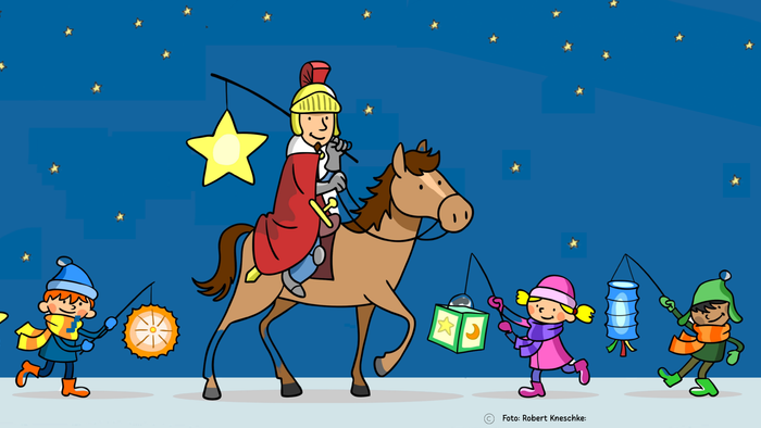 Im Comic-Stil sitzt Sankt Martin mit einer Sternen-Laterne auf dem Pferd. Um ihn herum laufen Kinder in Winterkleidung und mit Laternen mit. Sie stehen vor einem dunkelblauen Sternenhimmel.
In gelber Schrift lautet der Titel Sankt Martin. Darunter sind di