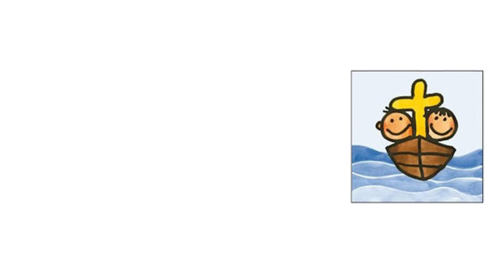 Das Bild zeigt ein Boot mit zwei Figuren und einem Kreuz darauf