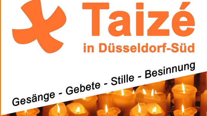 Flyer für eine Taizé-Andacht in Düsseldorf-Süd am 21.02.2025 in der St. Nikolaus-Kirche.