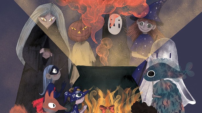 En gruppe skikkelser i Halloween-kostumer samles om en bålgrube med kålskaller.