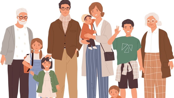 Eine große Familie mit verschiedenen Altersgruppen steht beisammen