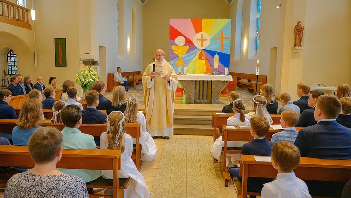 Gottesdienst mit Kindern und Priester am Altar
