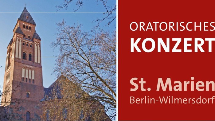 Plakat für ein Konzert in St. Marien, Berlin-Wilmersdorf, mit Jan-Jakub Rybas *Böhmischer Messe*, inklusive Details zur Veranstaltung und den Mitwirkenden.