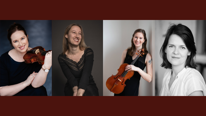 Fire kvinder poser med violiner, tre i farver og én i sort-hvid.